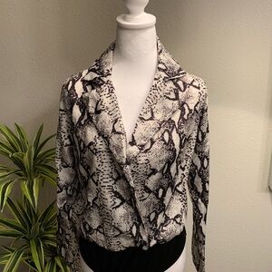 Black and White Wrap Blouse Bodysuit with Notched Collar